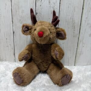 Christmas Reindeer Plush Red Nose Holiday Stuffed Animal Brown 12 Inch